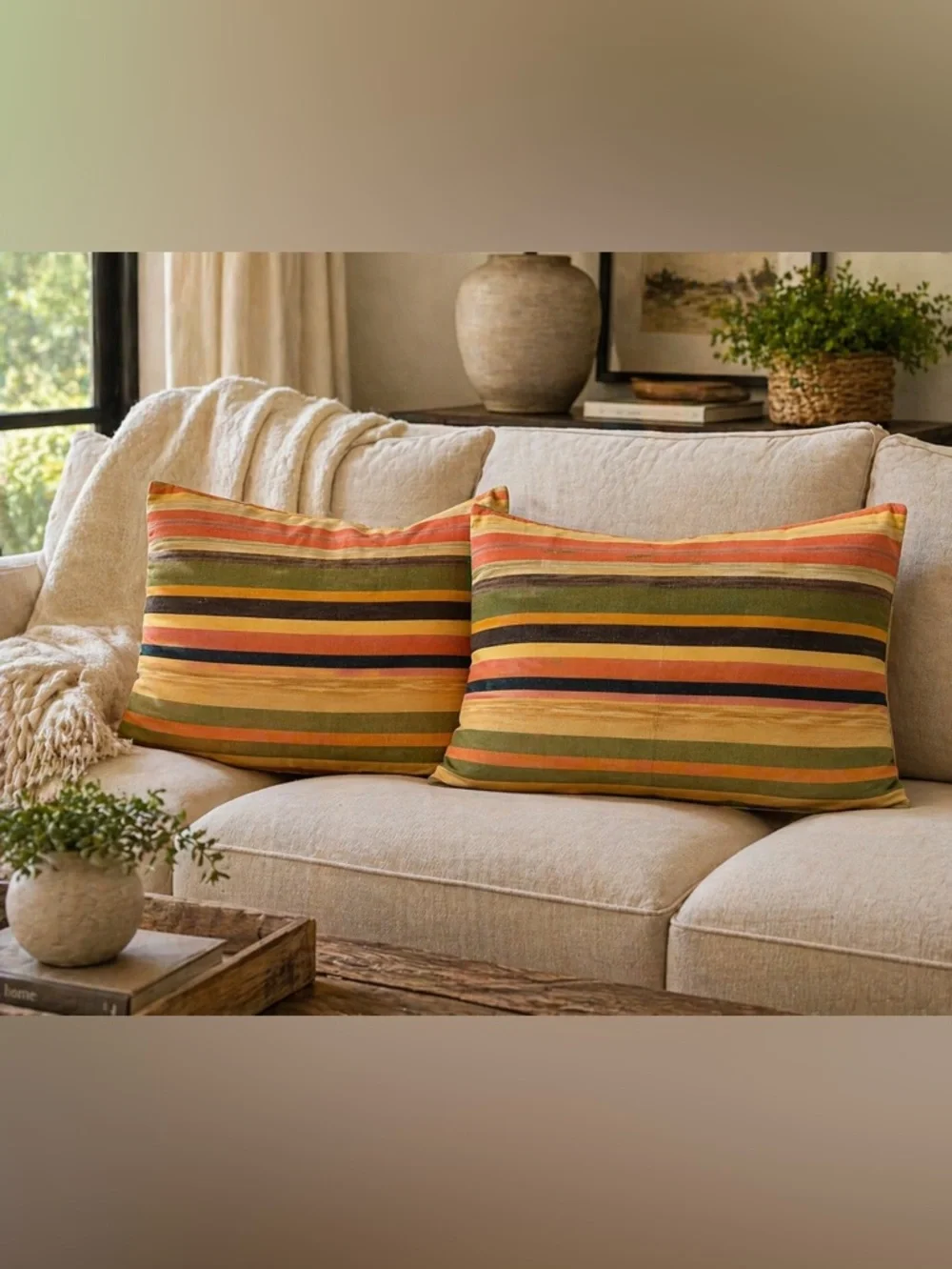 Pottery Barn Striped Standard Cotton Linen Blend Pillow Shams Set of 2